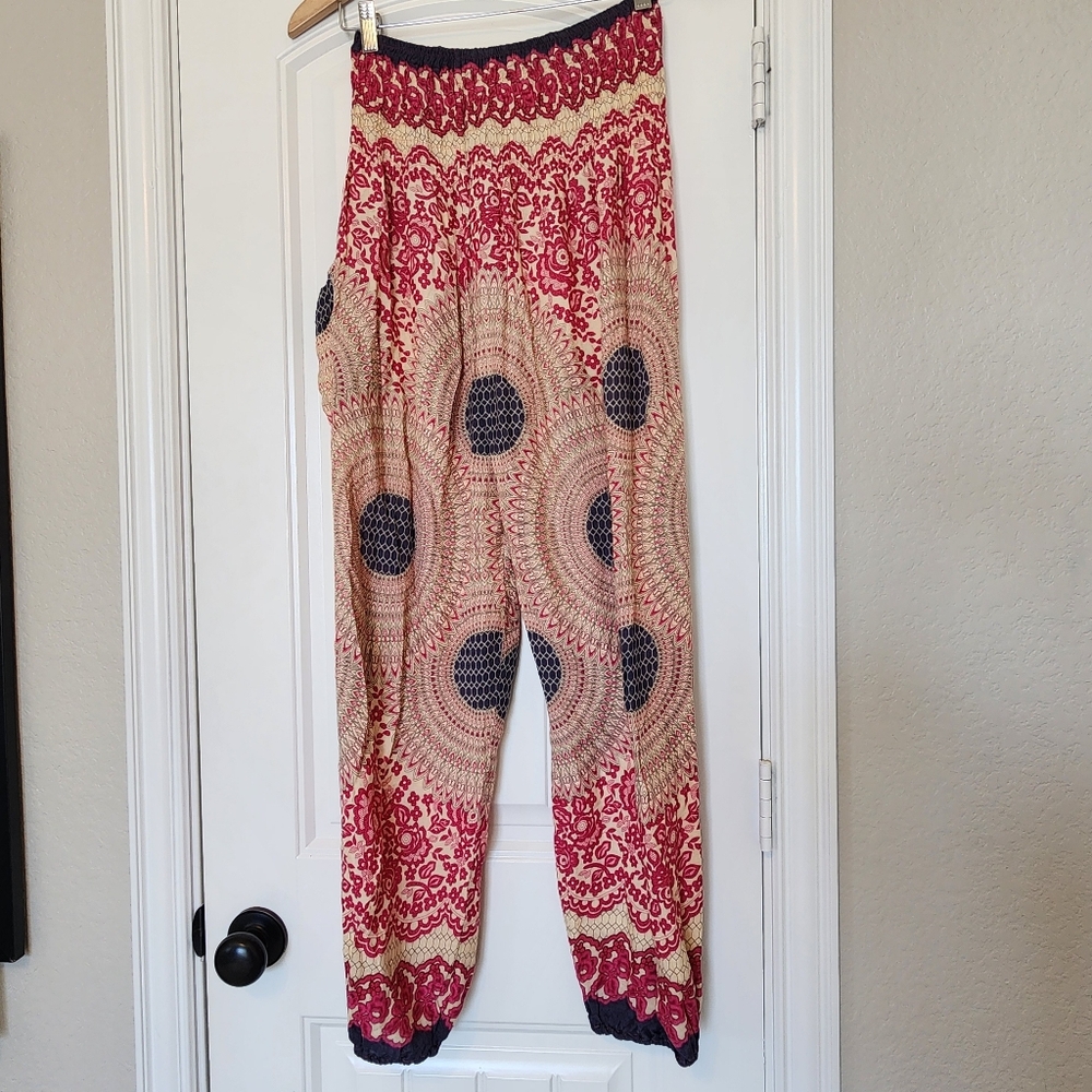 Harem Pants Medallion Boho Festival Hippie Smocked Balloon Leg